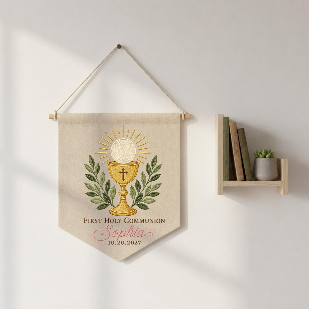 Personalized First Holy Communion Embroidered Wall Hanging Banner, Custom Name Catholic Gift, Eucharist Keepsake, Christian Religious Decor