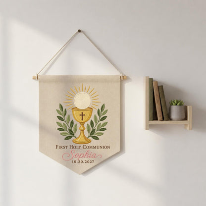 Personalized First Holy Communion Embroidered Wall Hanging Banner, Custom Name Catholic Gift, Eucharist Keepsake, Christian Religious Decor