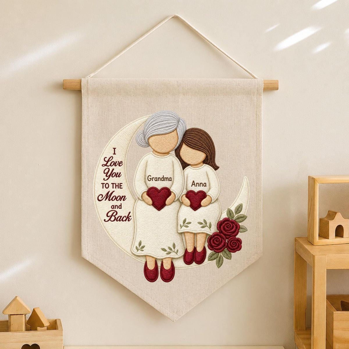 Personalized Embroidered Grandma Granddaughter Wall Hanging Banner, Custom Names Gift, Grandma Gift, Mother’s Day Keepsake, Family
