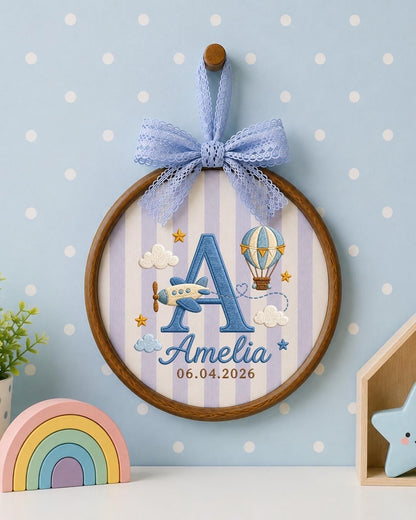 Personalized Baby Name Embroidered Ornament, Custom Monogram Nursery Decor, Airplane Hot Air Balloon Baby Sign, Newborn Baby Gift