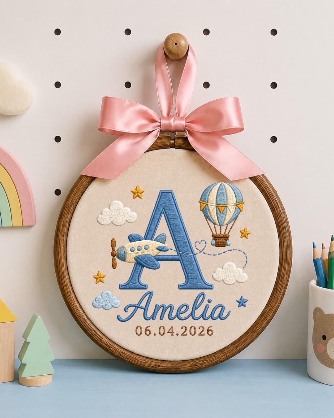 Personalized Baby Name Embroidered Ornament, Custom Monogram Nursery Decor, Airplane Hot Air Balloon Baby Sign, Newborn Baby Gift