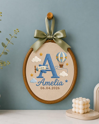 Personalized Baby Name Embroidered Ornament, Custom Monogram Nursery Decor, Airplane Hot Air Balloon Baby Sign, Newborn Baby Gift
