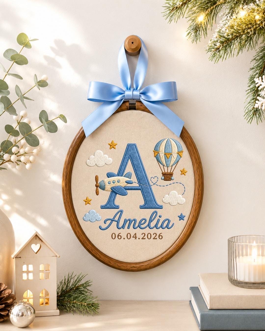 Personalized Baby Name Embroidered Ornament, Custom Monogram Nursery Decor, Airplane Hot Air Balloon Baby Sign, Newborn Baby Gift