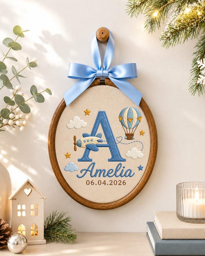 Personalized Baby Name Embroidered Ornament, Custom Monogram Nursery Decor, Airplane Hot Air Balloon Baby Sign, Newborn Baby Gift