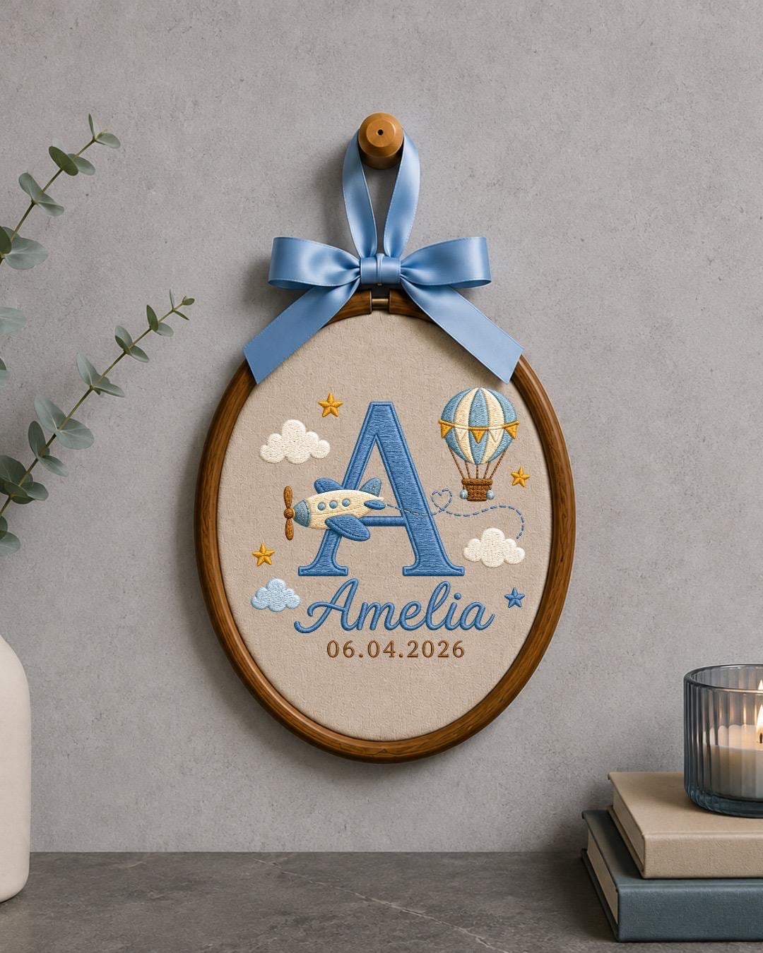 Personalized Baby Name Embroidered Ornament, Custom Monogram Nursery Decor, Airplane Hot Air Balloon Baby Sign, Newborn Baby Gift