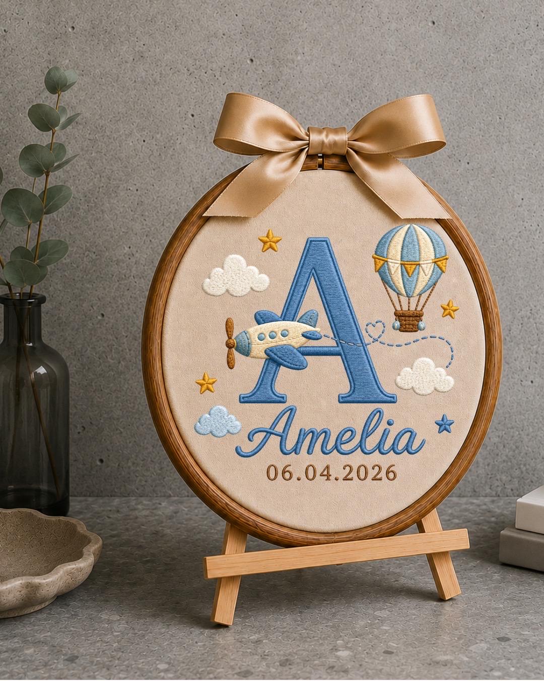Personalized Baby Name Embroidered Ornament, Custom Monogram Nursery Decor, Airplane Hot Air Balloon Baby Sign, Newborn Baby Gift