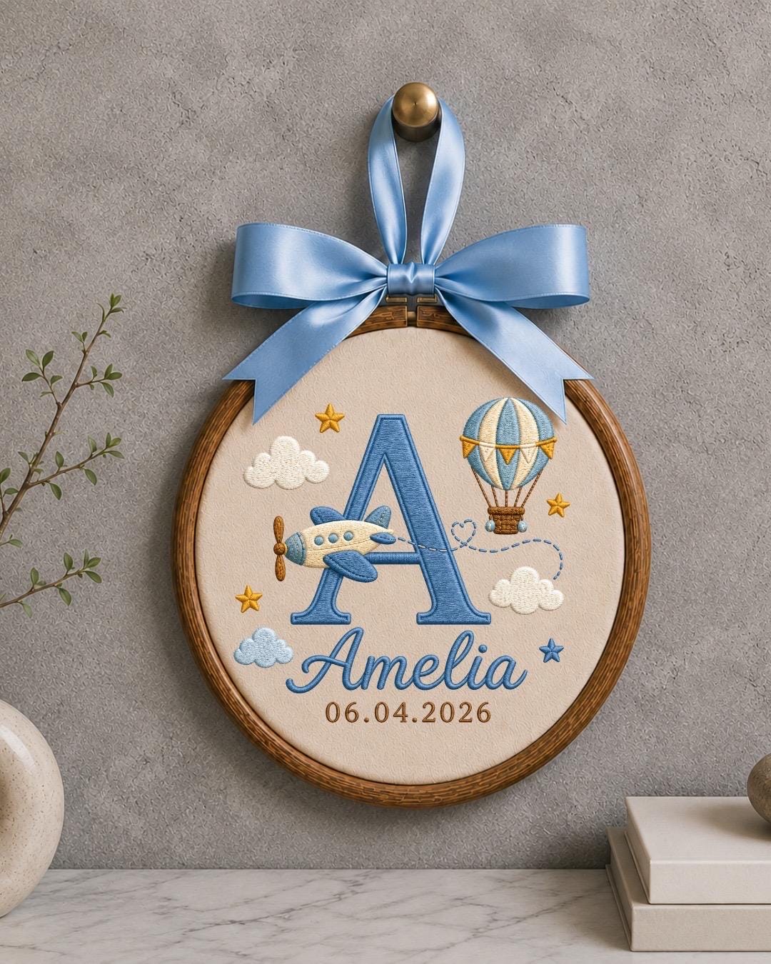 Personalized Baby Name Embroidered Ornament, Custom Monogram Nursery Decor, Airplane Hot Air Balloon Baby Sign, Newborn Baby Gift