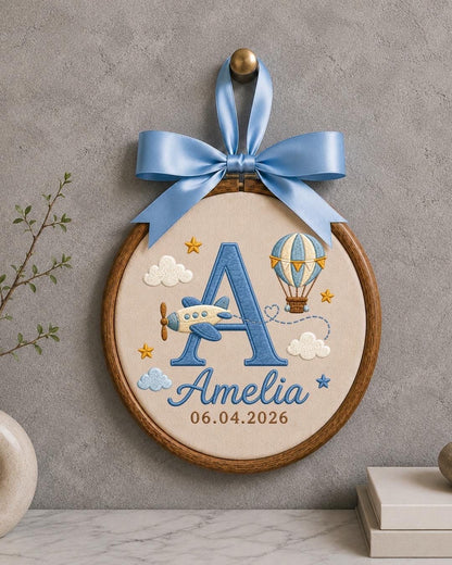 Personalized Baby Name Embroidered Ornament, Custom Monogram Nursery Decor, Airplane Hot Air Balloon Baby Sign, Newborn Baby Gift