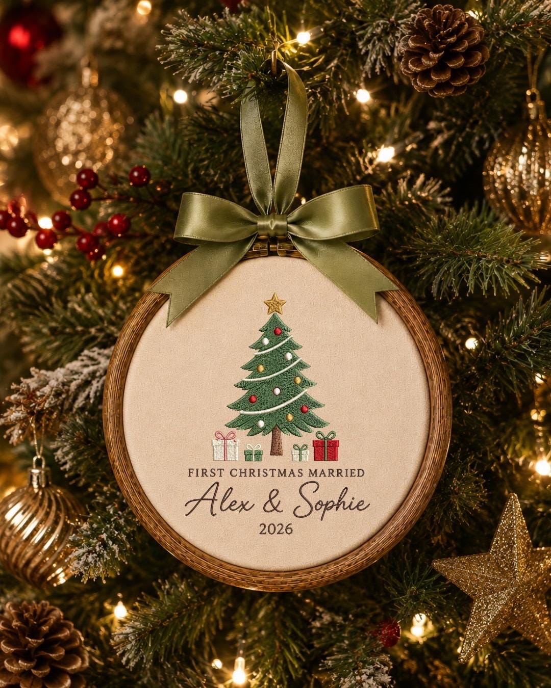Personalized First Christmas Married Embroidered Ornament, Custom Couple Christmas Keepsake, Newlywed Ornament, Wedding Gift