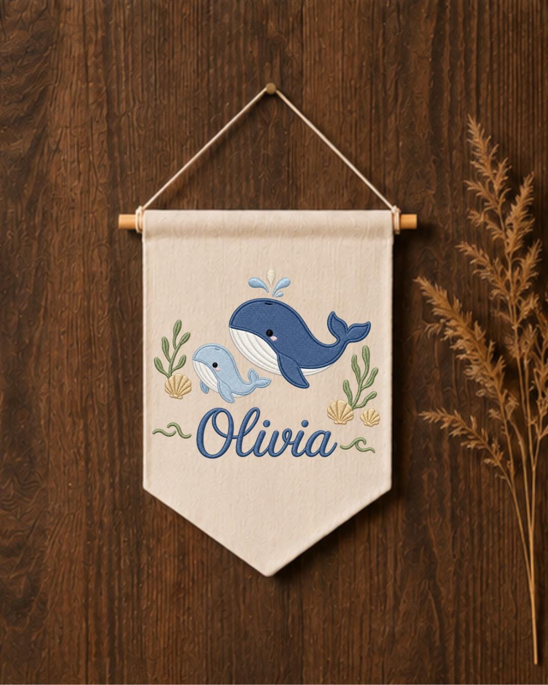 Personalized Whale Nursery Wall Hanging, Custom Name Embroidered Banner, Ocean Animal Baby Room Decor, Nautical Nursery Gift