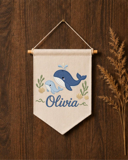 Personalized Whale Nursery Wall Hanging, Custom Name Embroidered Banner, Ocean Animal Baby Room Decor, Nautical Nursery Gift