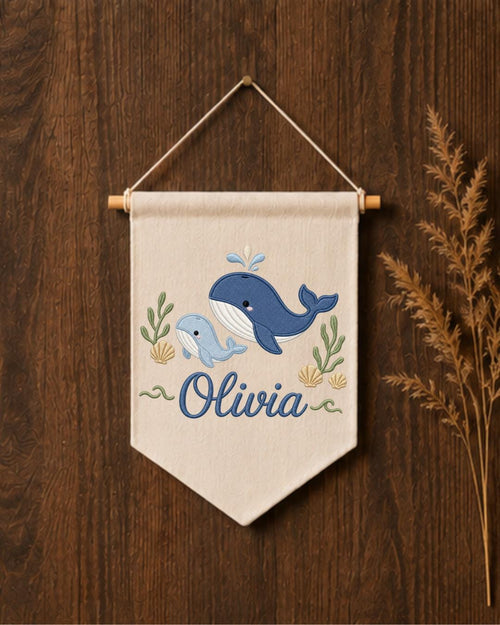 Personalized Whale Nursery Wall Hanging, Custom Name Embroidered Banner, Ocean Animal Baby Room Decor, Nautical Nursery Gift