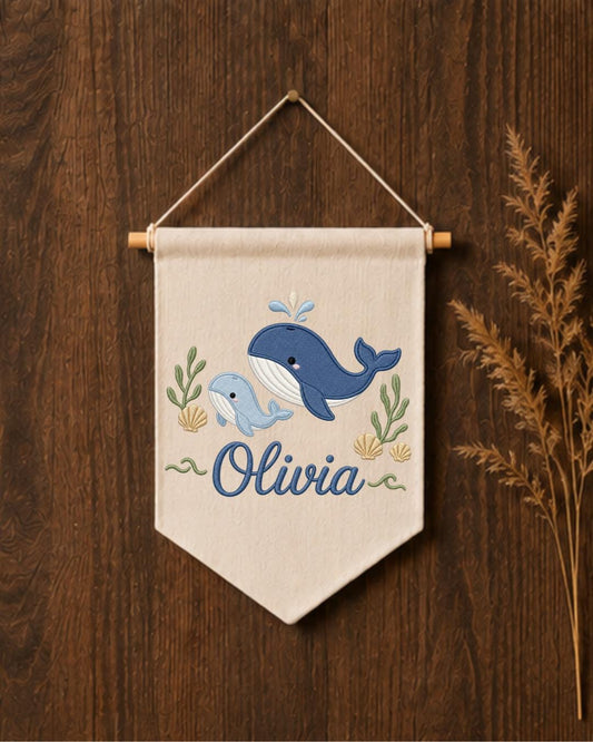Personalized Whale Nursery Wall Hanging, Custom Name Embroidered Banner, Ocean Animal Baby Room Decor, Nautical Nursery Gift