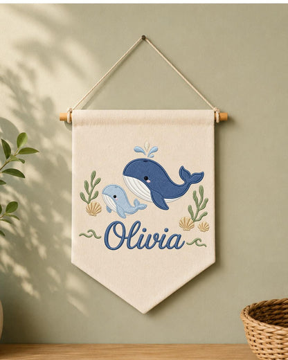 Personalized Whale Nursery Wall Hanging, Custom Name Embroidered Banner, Ocean Animal Baby Room Decor, Nautical Nursery Gift