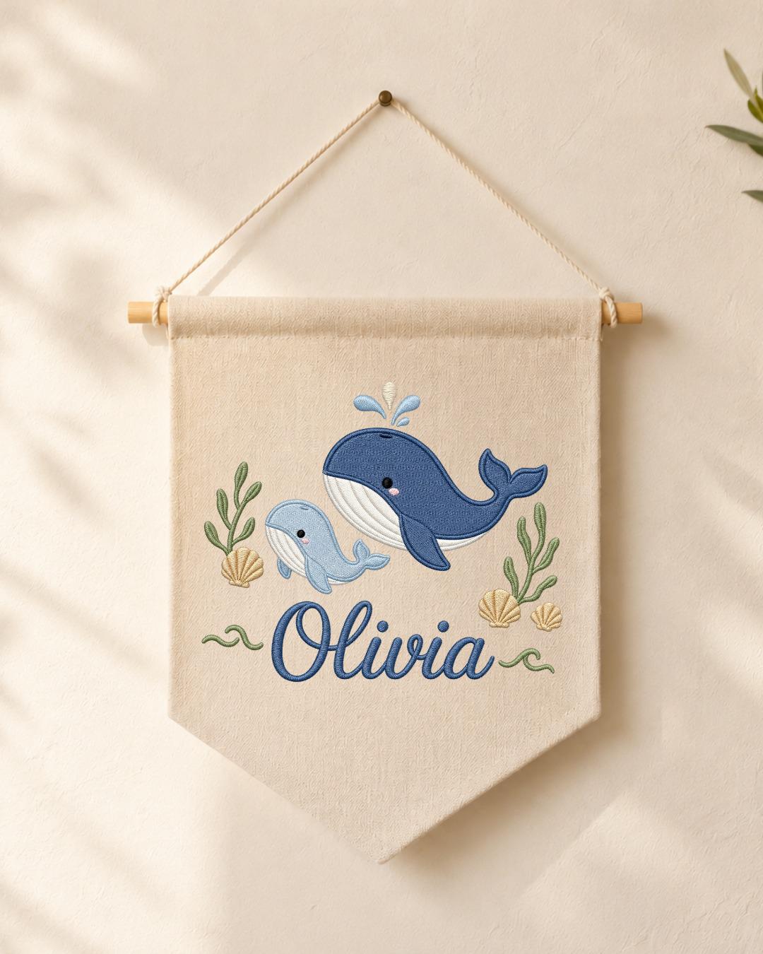 Personalized Whale Nursery Wall Hanging, Custom Name Embroidered Banner, Ocean Animal Baby Room Decor, Nautical Nursery Gift