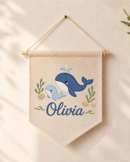 Personalized Whale Nursery Wall Hanging, Custom Name Embroidered Banner, Ocean Animal Baby Room Decor, Nautical Nursery Gift