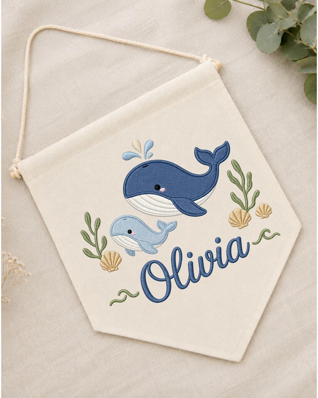 Personalized Whale Nursery Wall Hanging, Custom Name Embroidered Banner, Ocean Animal Baby Room Decor, Nautical Nursery Gift