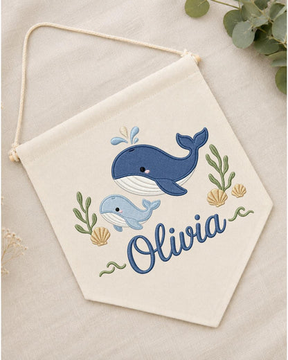 Personalized Whale Nursery Wall Hanging, Custom Name Embroidered Banner, Ocean Animal Baby Room Decor, Nautical Nursery Gift