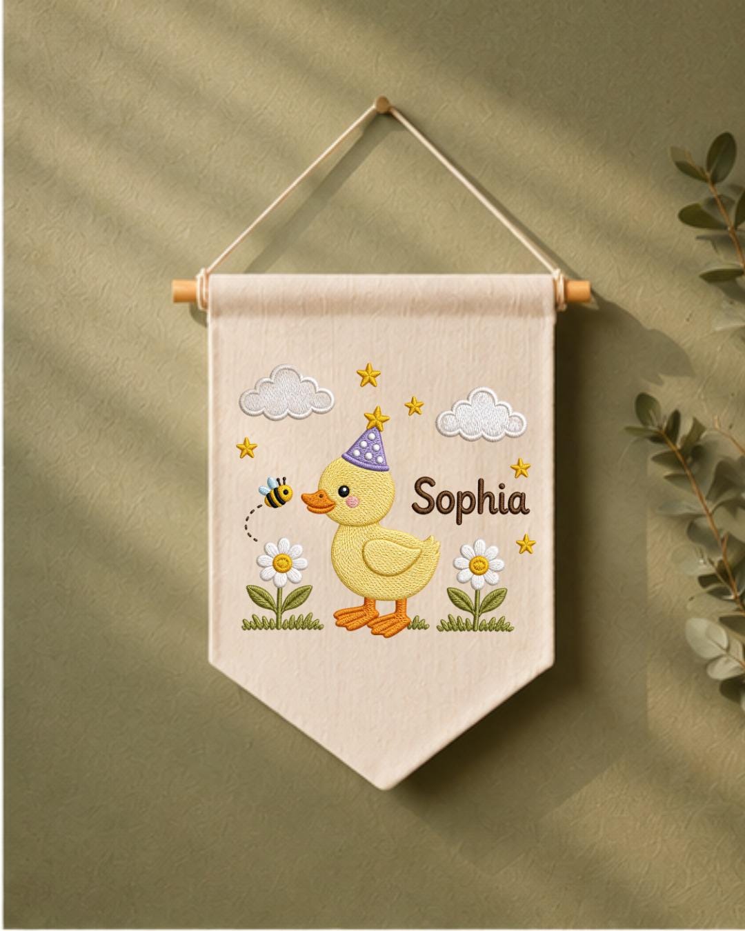 Personalized Duck Nursery Wall Hanging, Custom Name Embroidered Banner, Birthday Duck Bee Floral Baby Girl Room Decor, Cute Nursery Gift