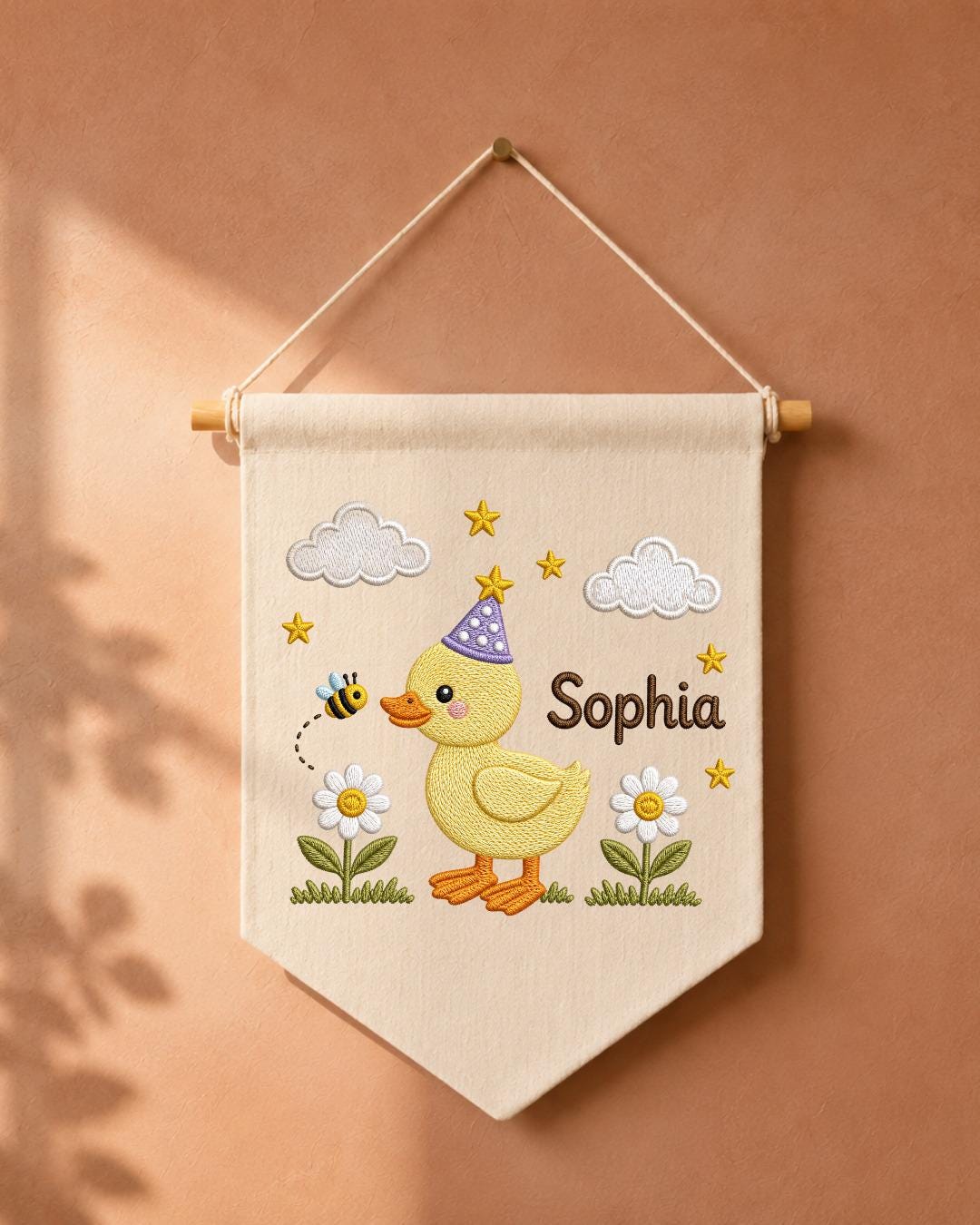 Personalized Duck Nursery Wall Hanging, Custom Name Embroidered Banner, Birthday Duck Bee Floral Baby Girl Room Decor, Cute Nursery Gift