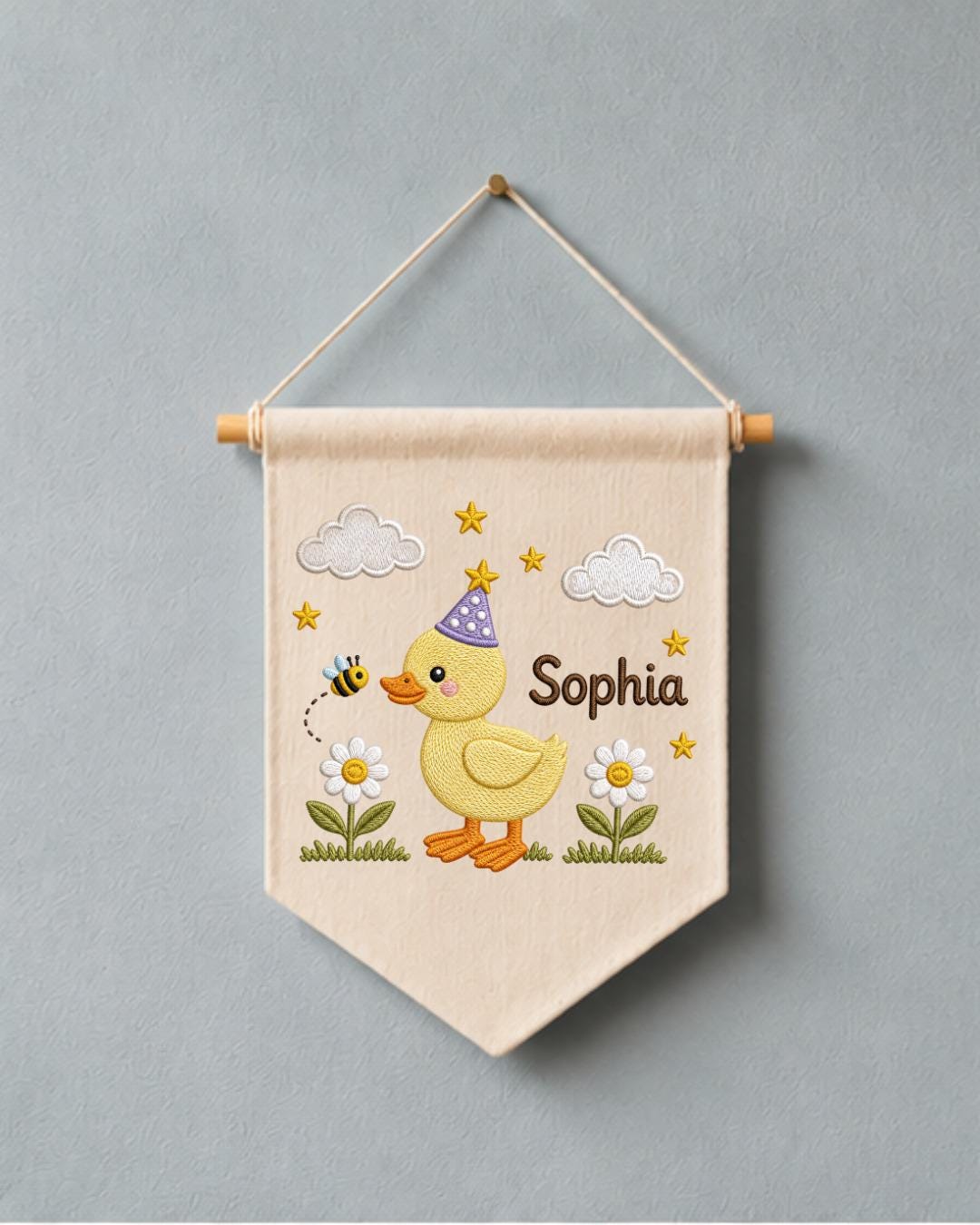 Personalized Duck Nursery Wall Hanging, Custom Name Embroidered Banner, Birthday Duck Bee Floral Baby Girl Room Decor, Cute Nursery Gift
