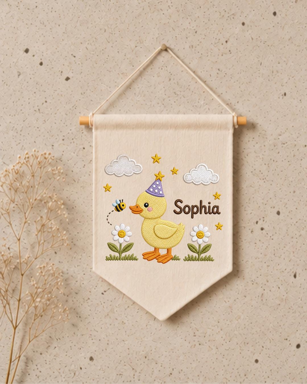 Personalized Duck Nursery Wall Hanging, Custom Name Embroidered Banner, Birthday Duck Bee Floral Baby Girl Room Decor, Cute Nursery Gift