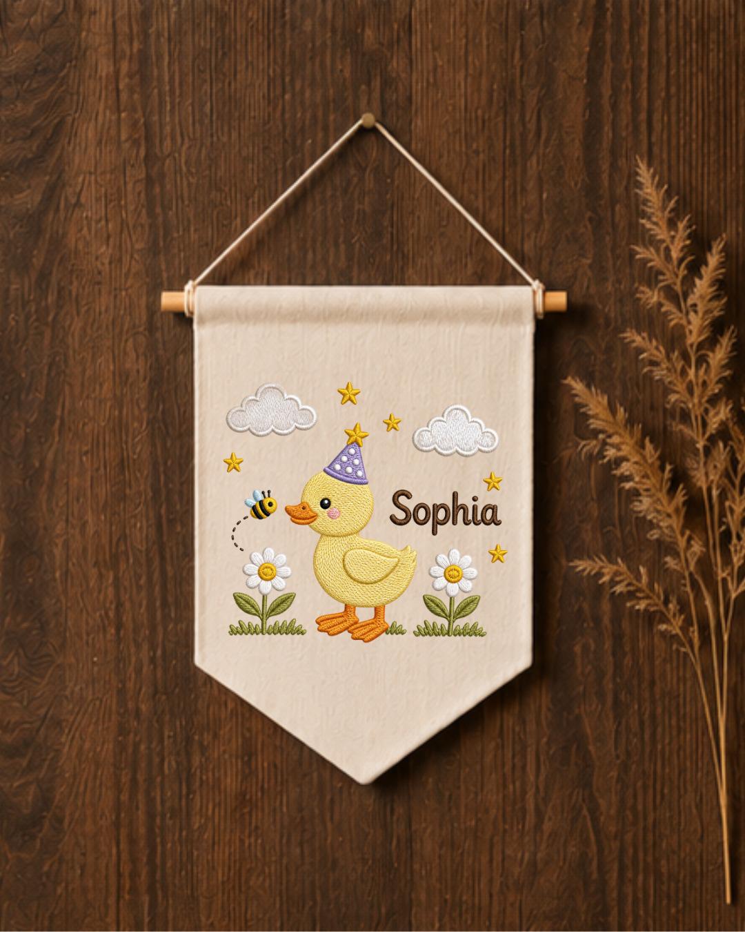 Personalized Duck Nursery Wall Hanging, Custom Name Embroidered Banner, Birthday Duck Bee Floral Baby Girl Room Decor, Cute Nursery Gift