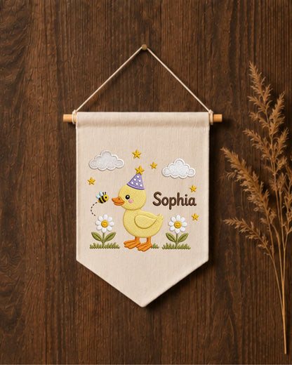 Personalized Duck Nursery Wall Hanging, Custom Name Embroidered Banner, Birthday Duck Bee Floral Baby Girl Room Decor, Cute Nursery Gift