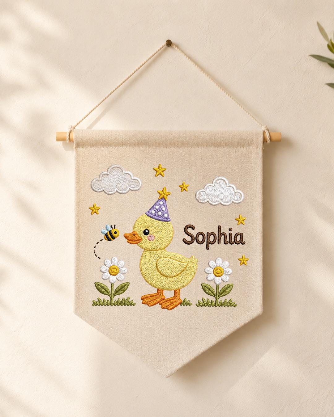 Personalized Duck Nursery Wall Hanging, Custom Name Embroidered Banner, Birthday Duck Bee Floral Baby Girl Room Decor, Cute Nursery Gift