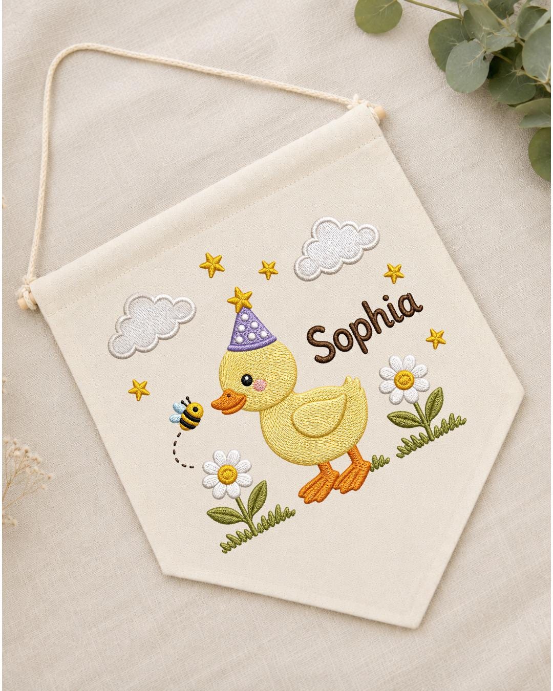 Personalized Duck Nursery Wall Hanging, Custom Name Embroidered Banner, Birthday Duck Bee Floral Baby Girl Room Decor, Cute Nursery Gift