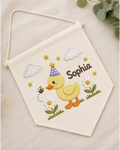 Personalized Duck Nursery Wall Hanging, Custom Name Embroidered Banner, Birthday Duck Bee Floral Baby Girl Room Decor, Cute Nursery Gift
