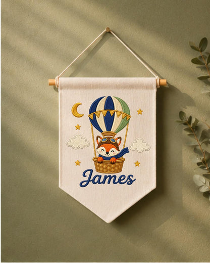 Personalized Fox Hot Air Balloon Wall Hanging, Custom Name Embroidered Banner, Woodland Nursery Decor, Baby Boy Adventure Room Gift