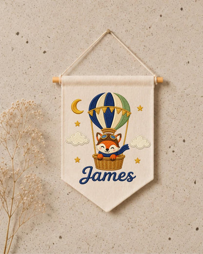 Personalized Fox Hot Air Balloon Wall Hanging, Custom Name Embroidered Banner, Woodland Nursery Decor, Baby Boy Adventure Room Gift