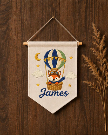 Personalized Fox Hot Air Balloon Wall Hanging, Custom Name Embroidered Banner, Woodland Nursery Decor, Baby Boy Adventure Room Gift