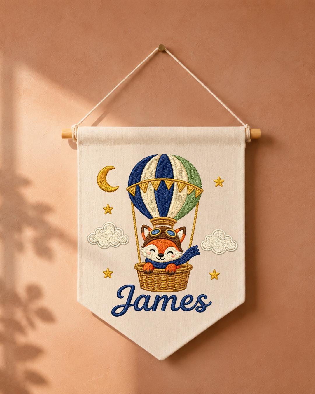 Personalized Fox Hot Air Balloon Wall Hanging, Custom Name Embroidered Banner, Woodland Nursery Decor, Baby Boy Adventure Room Gift