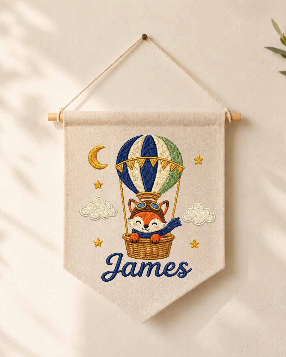 Personalized Fox Hot Air Balloon Wall Hanging, Custom Name Embroidered Banner, Woodland Nursery Decor, Baby Boy Adventure Room Gift