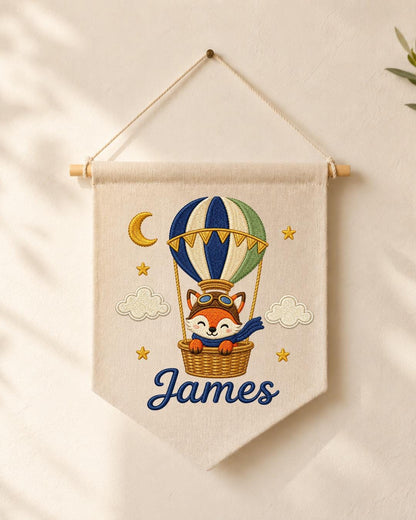 Personalized Fox Hot Air Balloon Wall Hanging, Custom Name Embroidered Banner, Woodland Nursery Decor, Baby Boy Adventure Room Gift