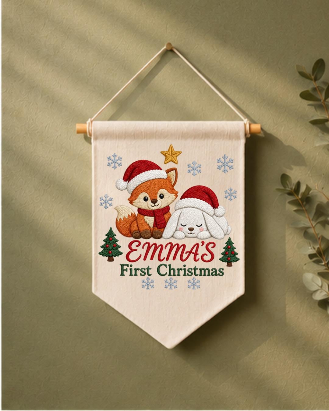 Personalized First Christmas Wall Hanging, Custom Name Embroidered Banner, Fox Bunny Christmas Nursery Decor, Baby Girl Holiday Gift