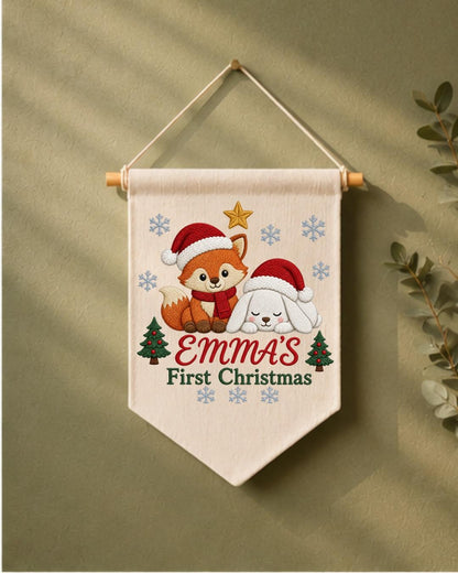 Personalized First Christmas Wall Hanging, Custom Name Embroidered Banner, Fox Bunny Christmas Nursery Decor, Baby Girl Holiday Gift