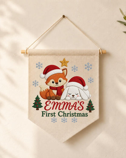 Personalized First Christmas Wall Hanging, Custom Name Embroidered Banner, Fox Bunny Christmas Nursery Decor, Baby Girl Holiday Gift