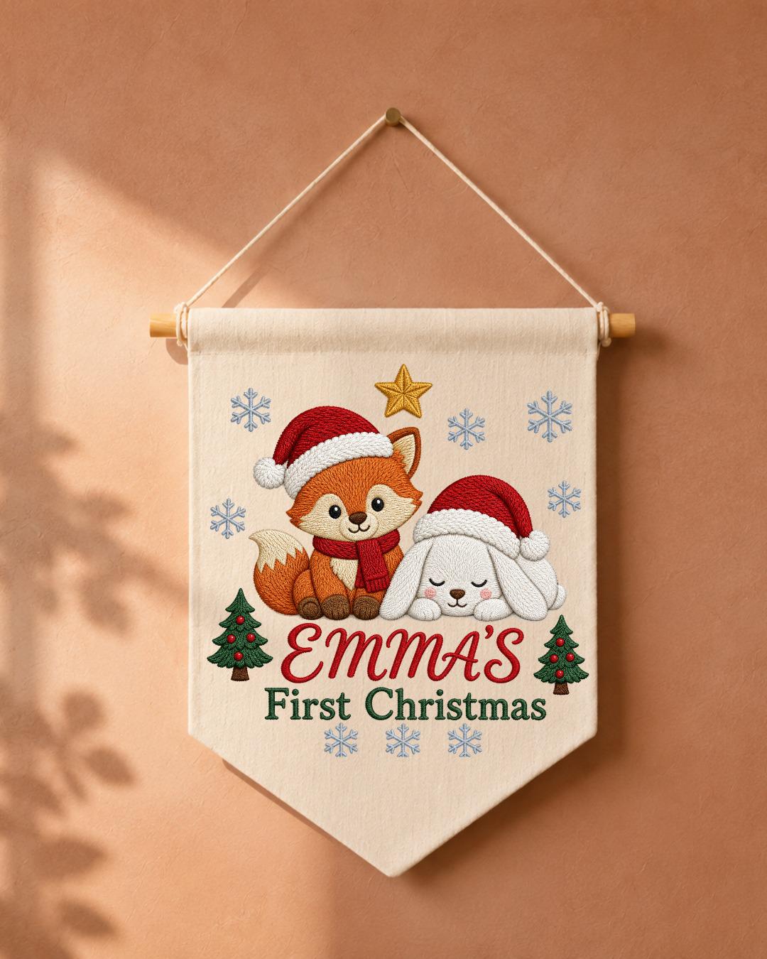 Personalized First Christmas Wall Hanging, Custom Name Embroidered Banner, Fox Bunny Christmas Nursery Decor, Baby Girl Holiday Gift