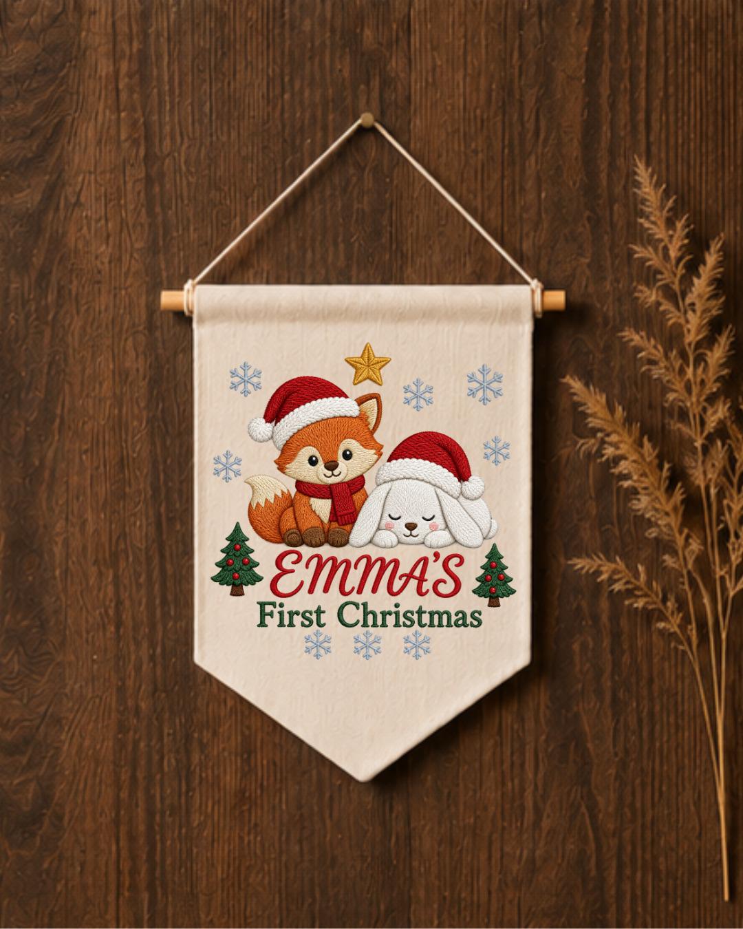 Personalized First Christmas Wall Hanging, Custom Name Embroidered Banner, Fox Bunny Christmas Nursery Decor, Baby Girl Holiday Gift