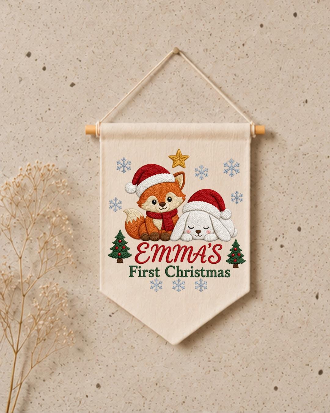 Personalized First Christmas Wall Hanging, Custom Name Embroidered Banner, Fox Bunny Christmas Nursery Decor, Baby Girl Holiday Gift