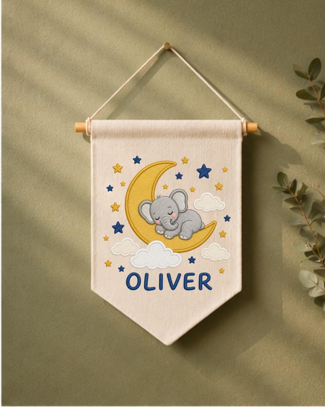 Personalized Elephant Moon Nursery Wall Hanging, Custom Name Embroidered Banner, Sleeping Elephant Baby Boy Room Decor, Celestial Gift