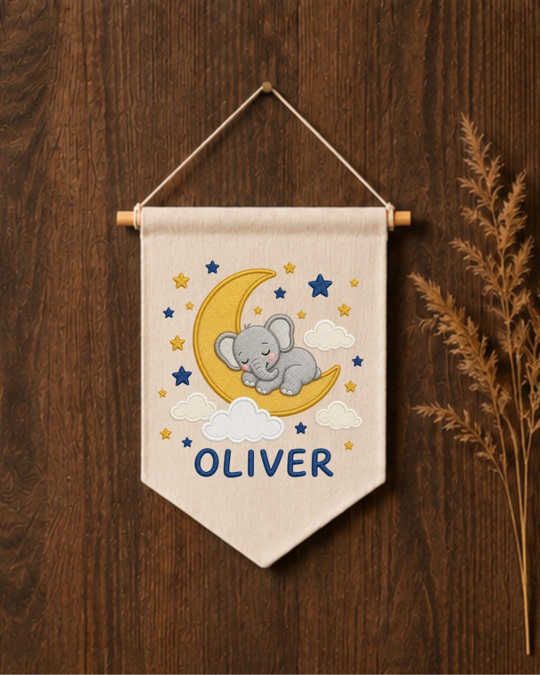 Personalized Elephant Moon Nursery Wall Hanging, Custom Name Embroidered Banner, Sleeping Elephant Baby Boy Room Decor, Celestial Gift