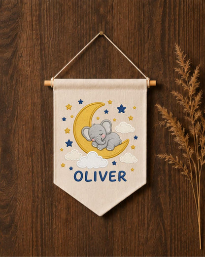 Personalized Elephant Moon Nursery Wall Hanging, Custom Name Embroidered Banner, Sleeping Elephant Baby Boy Room Decor, Celestial Gift