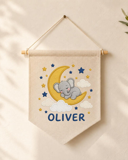 Personalized Elephant Moon Nursery Wall Hanging, Custom Name Embroidered Banner, Sleeping Elephant Baby Boy Room Decor, Celestial Gift