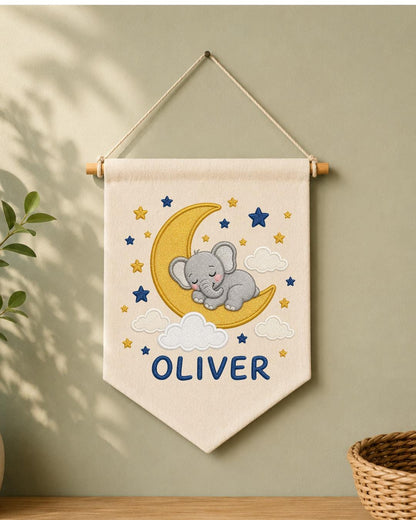 Personalized Elephant Moon Nursery Wall Hanging, Custom Name Embroidered Banner, Sleeping Elephant Baby Boy Room Decor, Celestial Gift