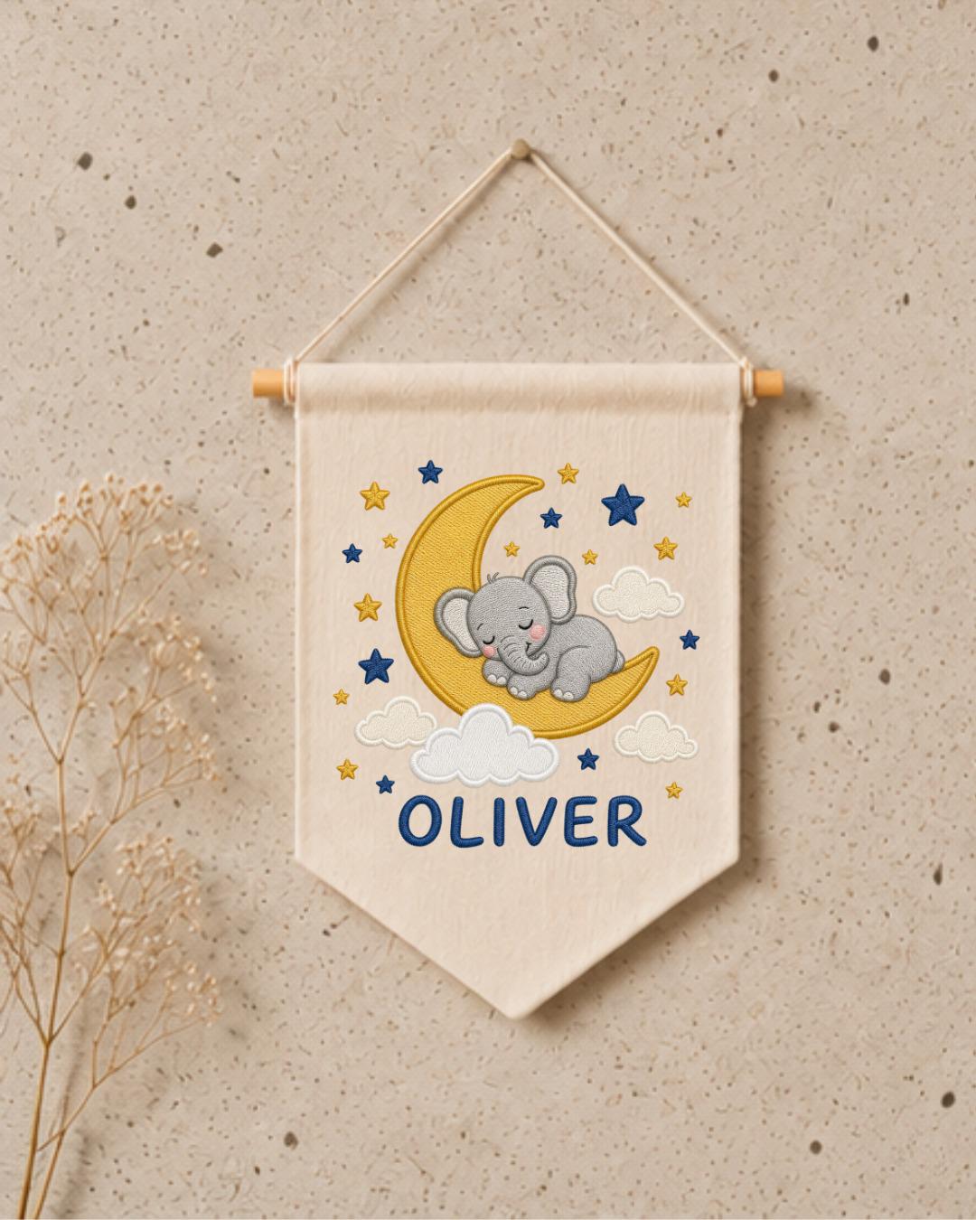 Personalized Elephant Moon Nursery Wall Hanging, Custom Name Embroidered Banner, Sleeping Elephant Baby Boy Room Decor, Celestial Gift