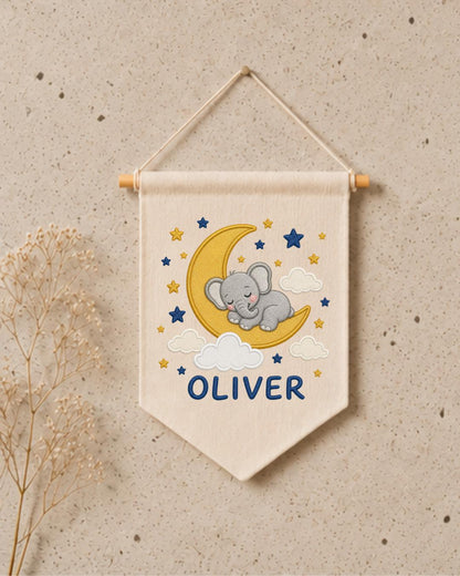 Personalized Elephant Moon Nursery Wall Hanging, Custom Name Embroidered Banner, Sleeping Elephant Baby Boy Room Decor, Celestial Gift